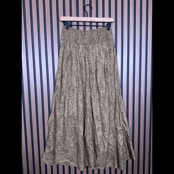 Japra Skirt Medium Womens Brown A Line Midi Smocked Back Leopard Art - Picture 2 of 6